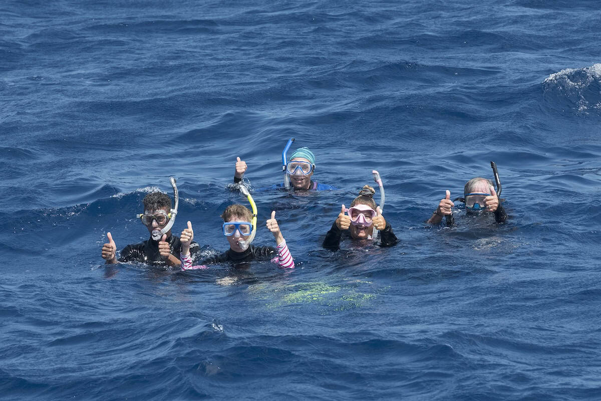 happy group of snorkelers from the second 2018 Oceanic Society Expeditions group, Vava'u, Kingdom of Tonga, South Pacific