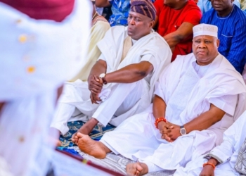 L-R Teslim Igbalaye - SSG, Senator Ademola Adeleke - Osun Governor, HRM Jimoh Olanipekun - Ataoja of Osogbo during the Eid al-fitri prayers held at Osogbo Eid praying ground